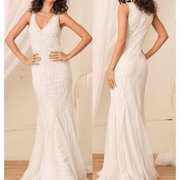 Lulu's White Beaded Sheer mesh Mermaid Maxi Dress XS - Picture 1 of 11